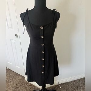 Blue Blush Black Ribbed Button-Front Tie-Shoulder Mini Dress